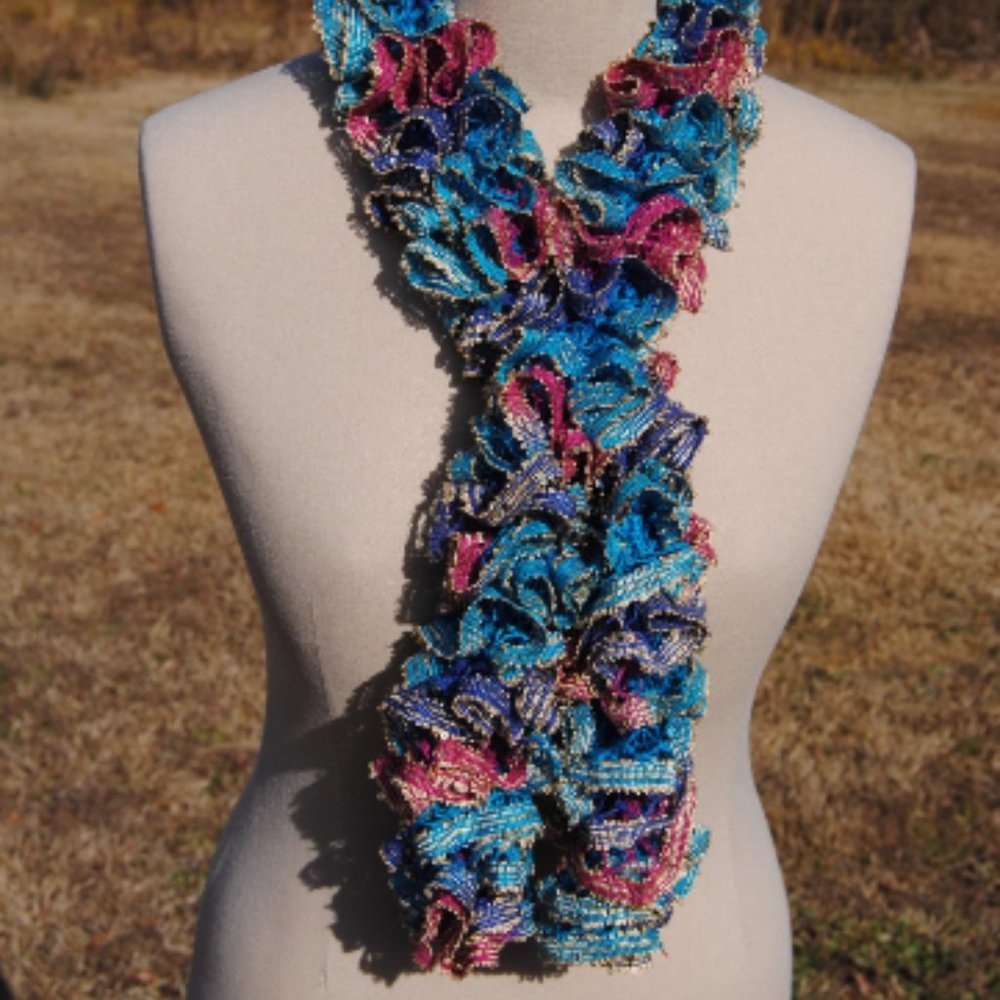 Crochet Fuchsia, Navy, and Teal Ruffle Scarf/New